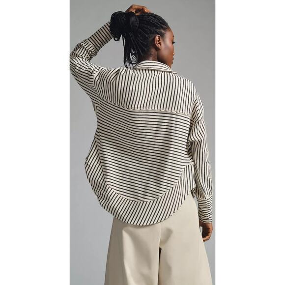 Anthropologie Pilcro Oversized Striped Lace-Up Splice Henley Top Neutral Size XS - Picture 4 of 9